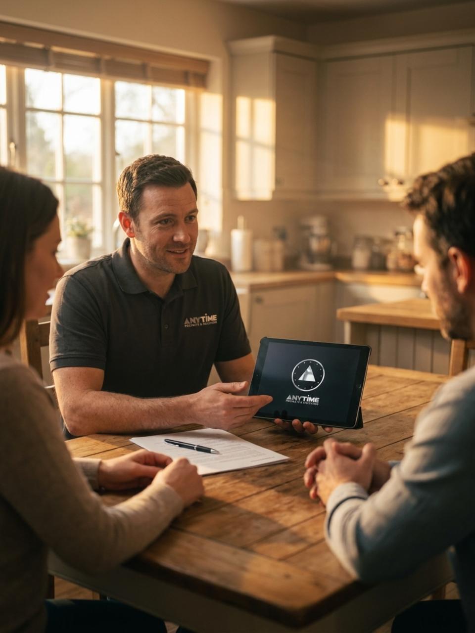 An Anytime Projects sales consultant presenting a proposal to homeowners at a kitchen table