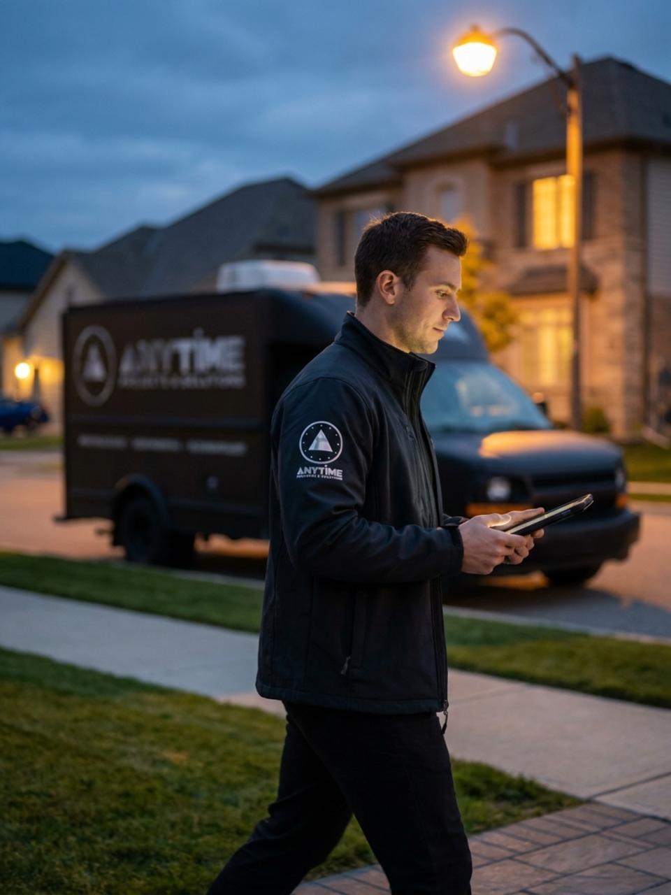 Branded Anytime Projects field marketing — canvassing a neighborhood at dusk
