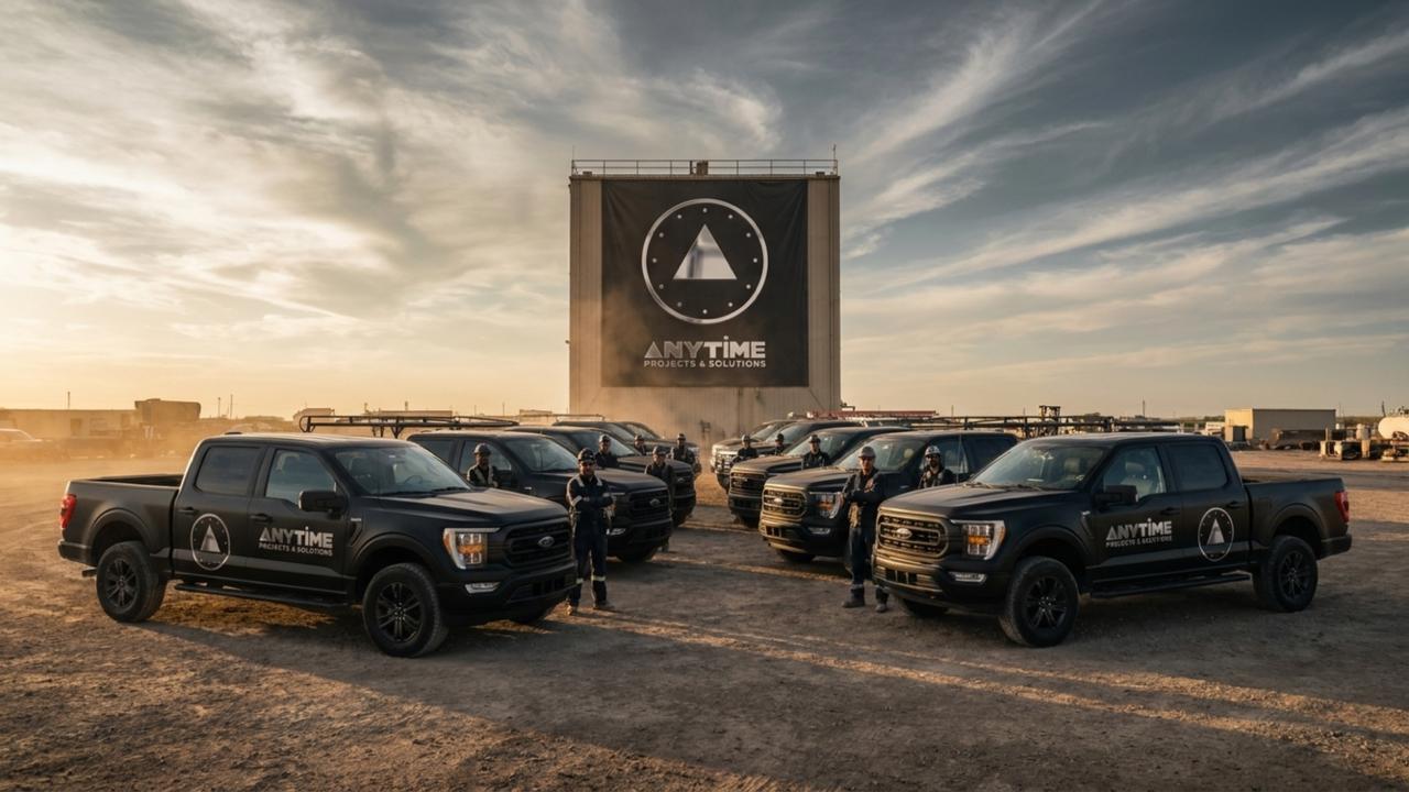 A fleet of Anytime Projects trucks lined up, representing a scaled franchise operation